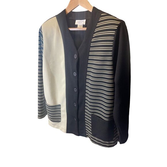 Adolfo Black Cream Color Block Button Front V Neck Long Jacket Sz M - Picture 3 of 7